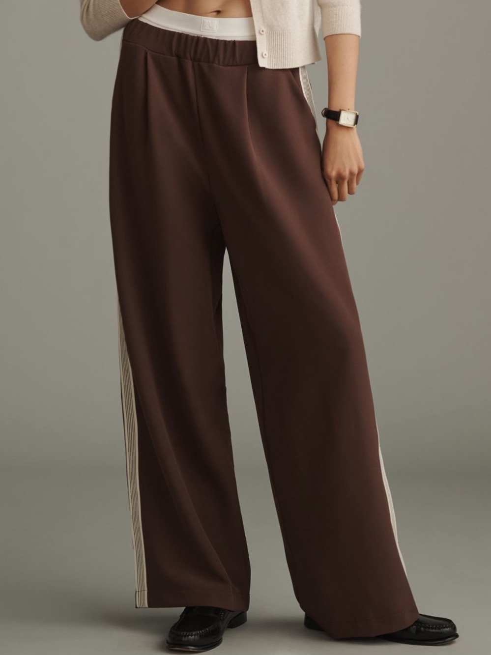 Anthropologie Maeve Wide-Leg Brown Lounge Track Pants with Side Stripe